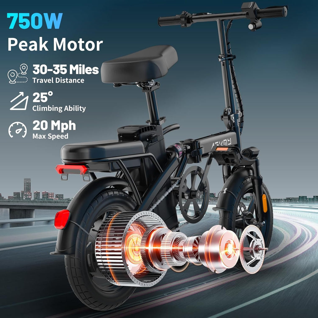 14" Folding Electric Bike for Adults – 750W Peak Motor, 35-Mile PAS Range, Foldable Commuter E-Bike with 48V Removable Battery