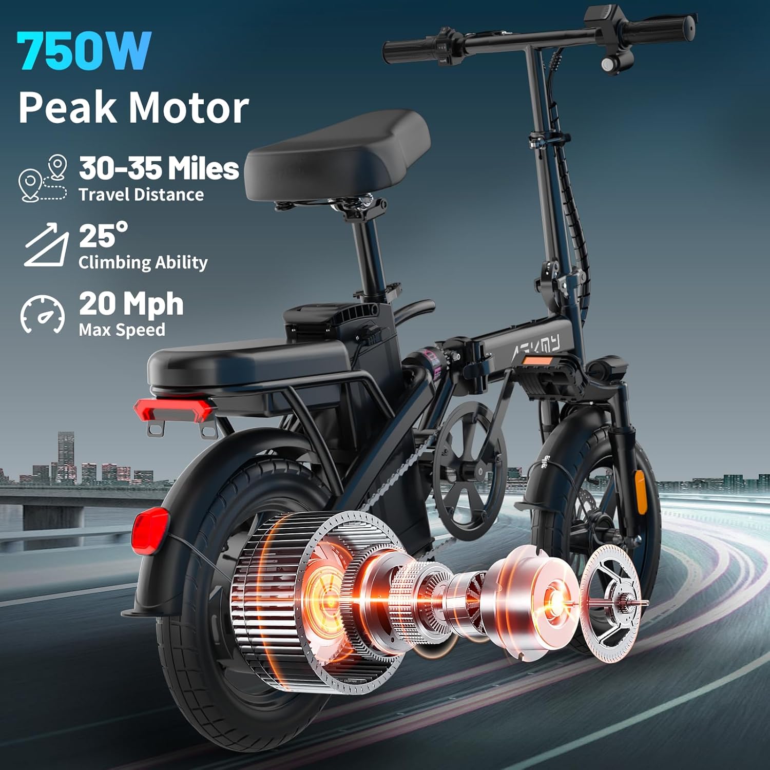14" Folding Electric Bike for Adults – 750W Peak Motor, 35-Mile PAS Range, Foldable Commuter E-Bike with 48V Removable Battery