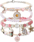 4PCS Beaded Charm Bracelets Set for Girls and Women Crystal Pearl Cartoon Charm Adjustable Stretch Bracelets