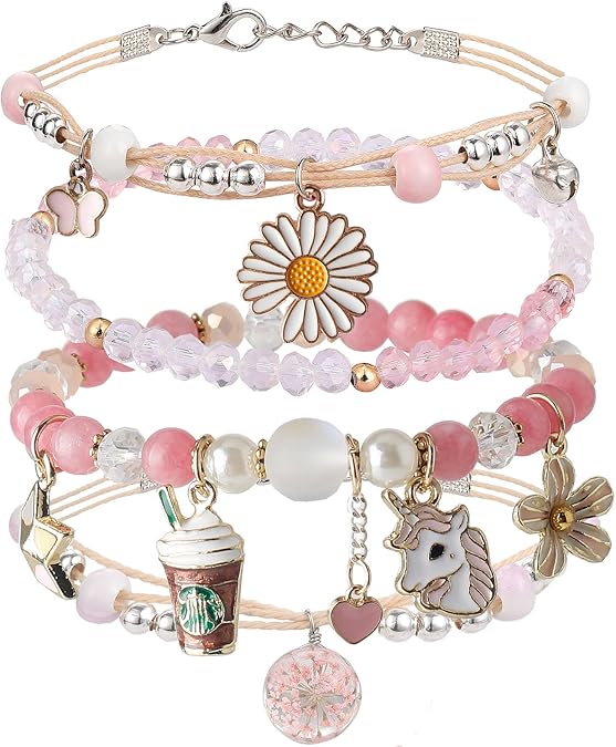 4PCS Beaded Charm Bracelets Set for Girls and Women Crystal Pearl Cartoon Charm Adjustable Stretch Bracelets