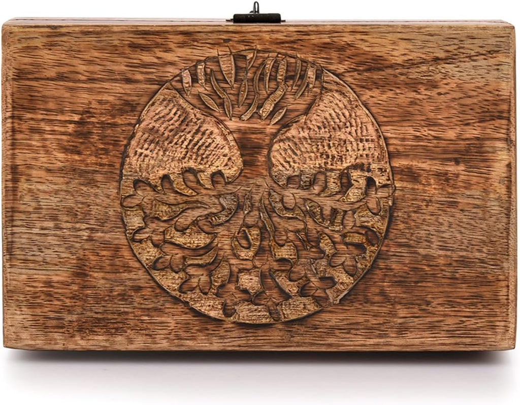 Handmade Mango Wood Tree of Life Engraved Keepsake Box – Wooden Jewellery Organizer with Flame Finish Gift for Men & Women
