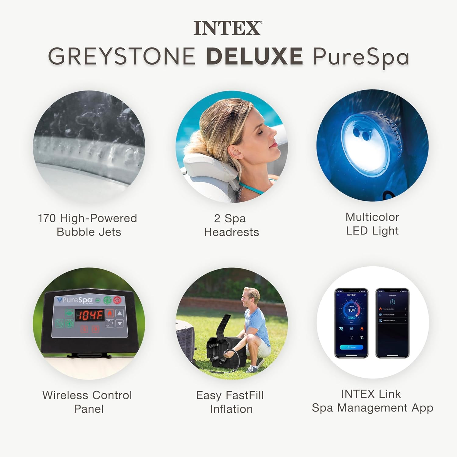 INTEX PureSpa Greystone 6-Person Inflatable Spa – 77"x28", Energy-Efficient Cover, Wireless Control Panel, Spa Control App, Fast-Fill System