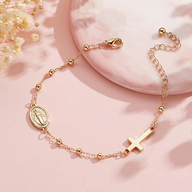 Catholic Rosary Bracelet for Girls Teens Virgin Mary Medal Cross Charm Link Chain Adjustable Bracelet