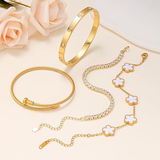 18K Gold Plated Women Tennis Bracelets Clover Nail Love Bangle Bracelet Set