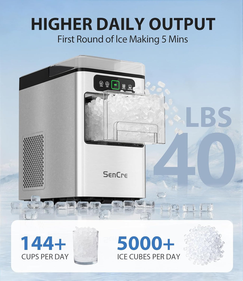 Countertop Nugget Ice Maker – 40 lbs/Day Pebble Ice Machine with One-Click Operation & Self-Cleaning, Scoop & Basket, Stainless Silver