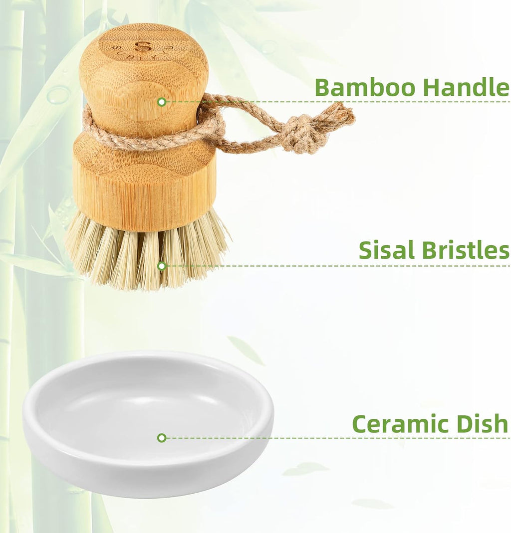 Bamboo Dish Scrub Brush – Natural Wooden Kitchen Cleaning Brush with Sisal Bristles for Dishes, Pots, Pans & Vegetables