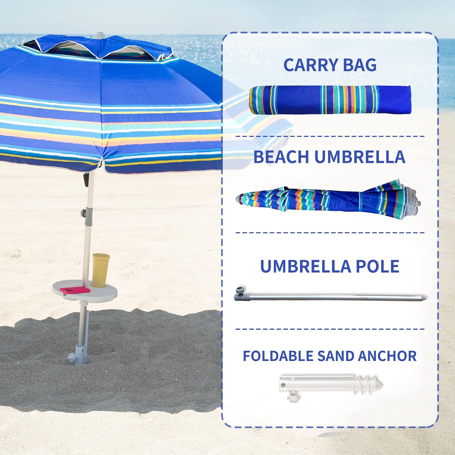 AMMSUN 7 ft Heavy-Duty Beach Umbrella – High Wind, Vent & Tilt, UV 50+ Sun Protection, Sand Anchor, Carry Bag, Outdoor Patio, Garden, Pool, Blue