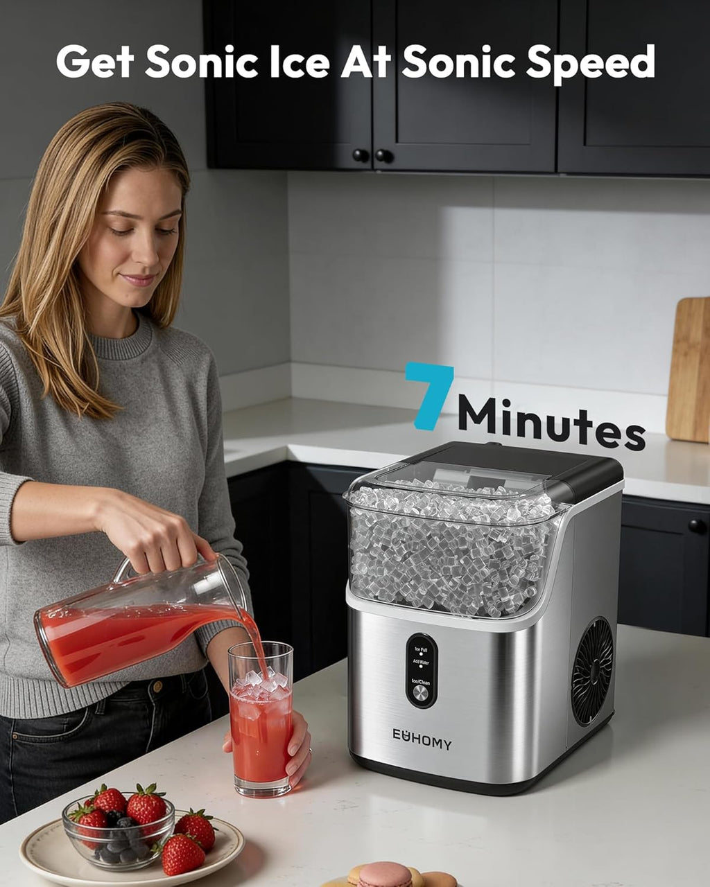 Countertop Nugget Ice Maker – 34 lbs/24H Pebble Ice Machine with Self-Cleaning Function, Scoop & Basket, Stainless Steel