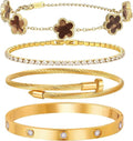 18 K Gold Plated Love Bangle Bracelet Stack for Women 4-Piece Floral Clover Chain