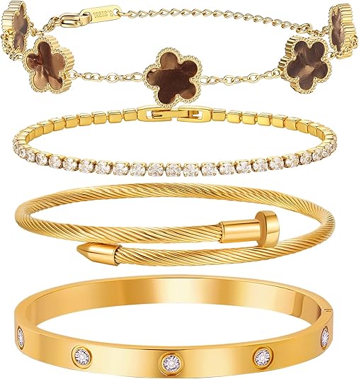 18 K Gold Plated Love Bangle Bracelet Stack for Women 4-Piece Floral Clover Chain