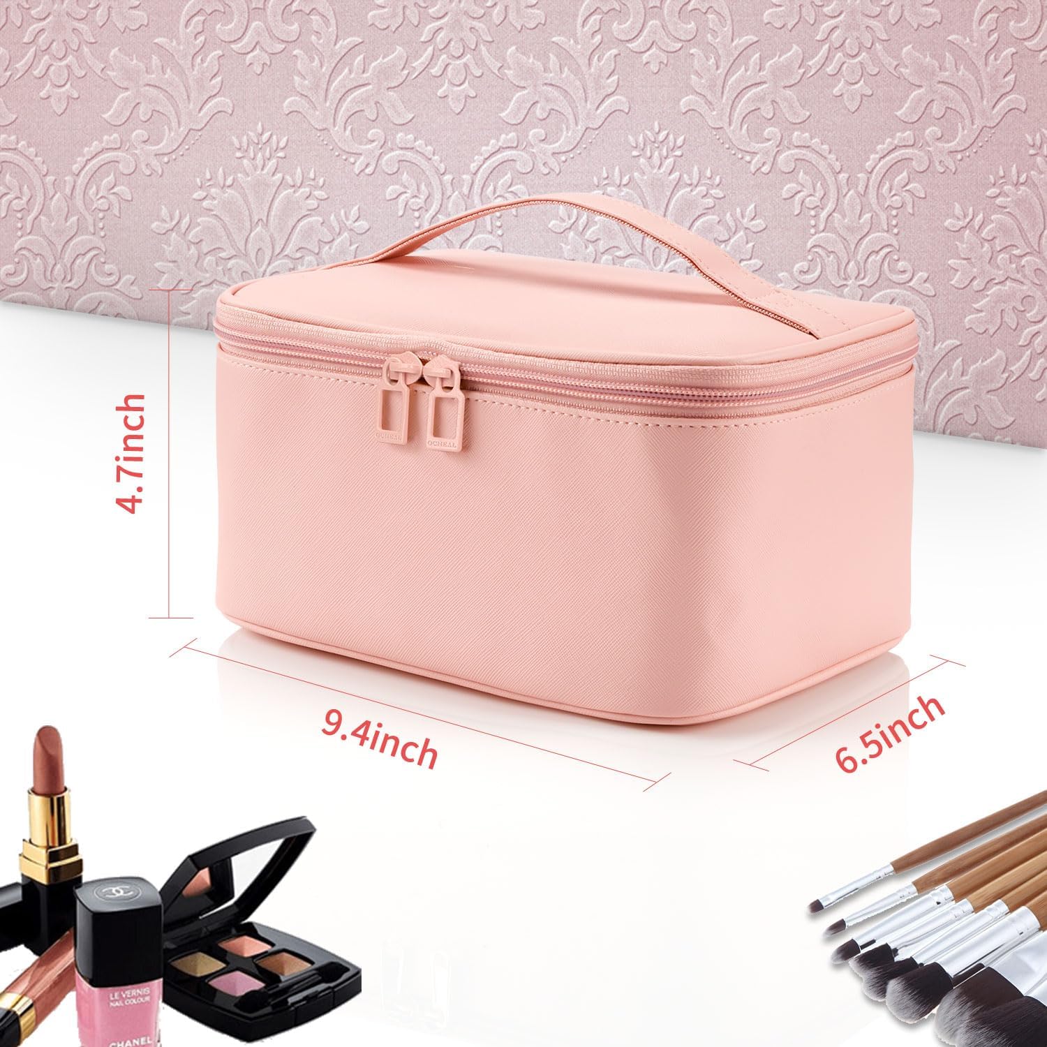 Travel Makeup Bag, Portable Cosmetic Bag with Makeup Brushes Organiser Large Capacity Toiletry Bags Holiday Essentials for Women, Pink