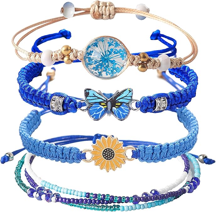 Girls Charm Bracelet Set 4 Pieces Butterfly Daisy Flower Beaded Rope Adjustable Friendship Bracelets