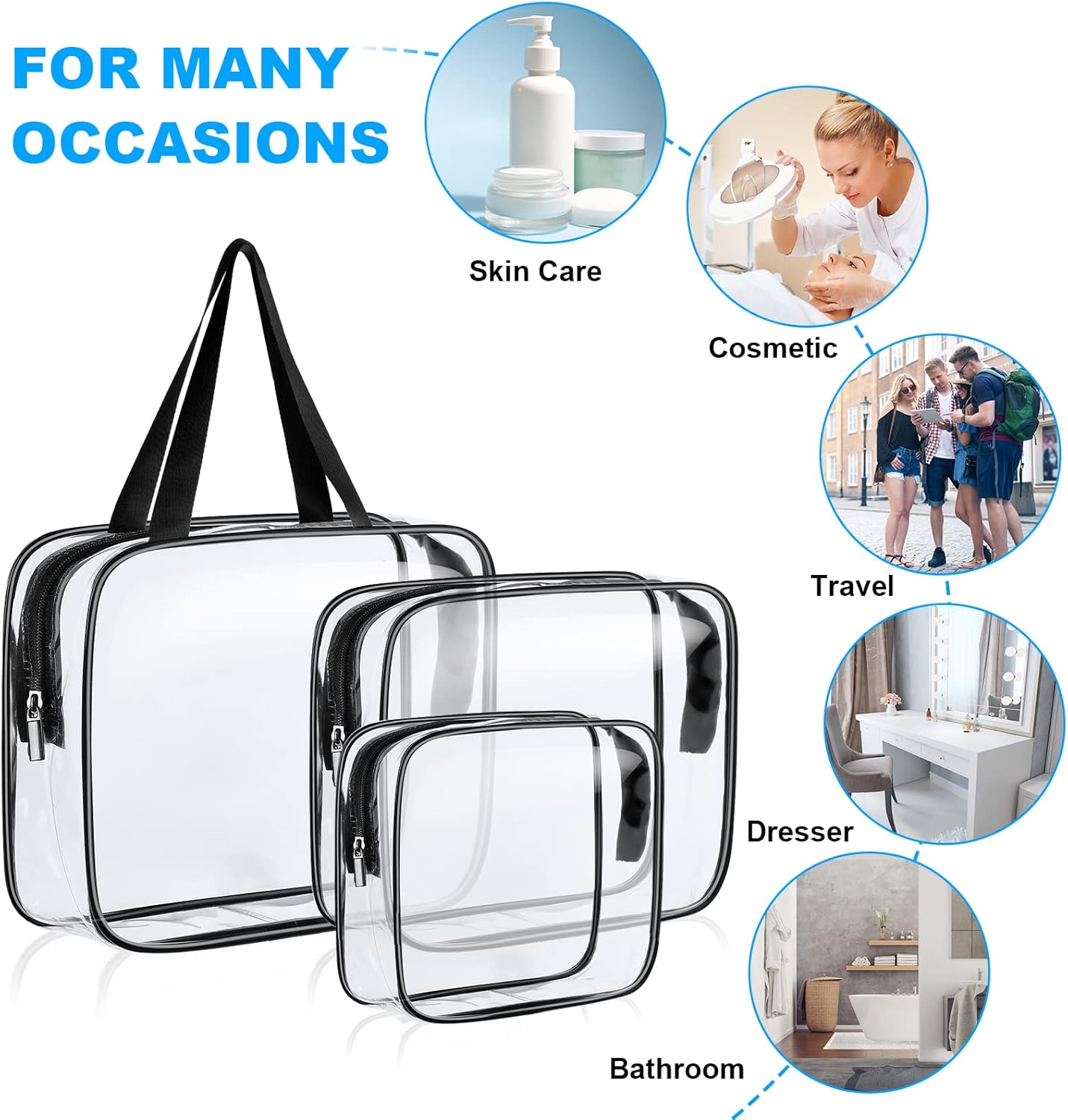 Clear Toiletries Bag, 3 Pack PVC Waterproof Toiletries Carry Pouch, TSA Approved Travel Toiletry Bag with Zipper