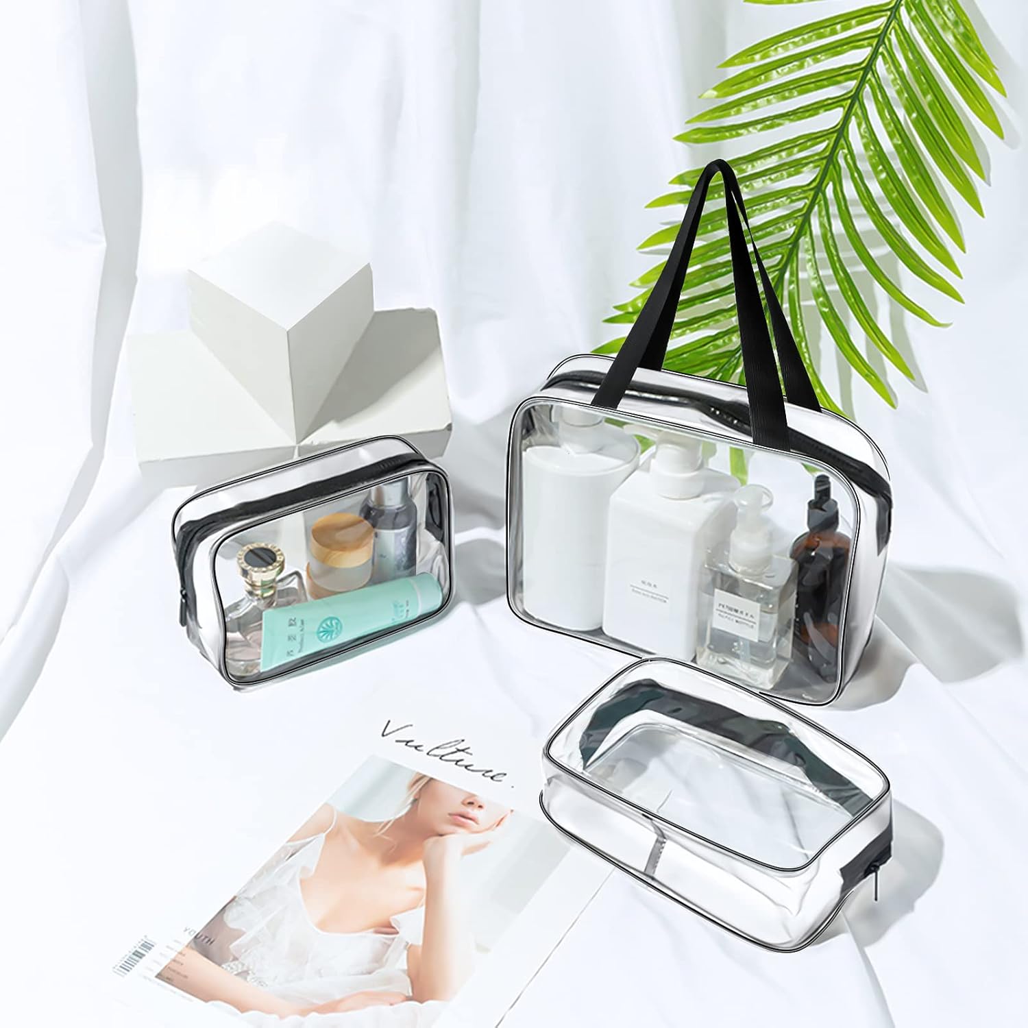 Clear Toiletries Bag, 3 Pack PVC Waterproof Toiletries Carry Pouch, TSA Approved Travel Toiletry Bag with Zipper