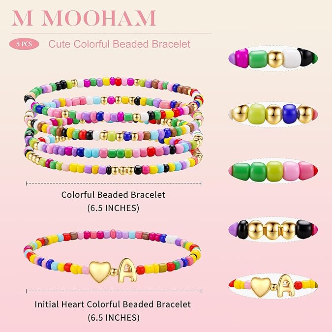 Colorful Initial Bracelet Set 5 Pieces A-Z Beaded Stackable Stretch Bracelets for Girls Women Jewelry Gift