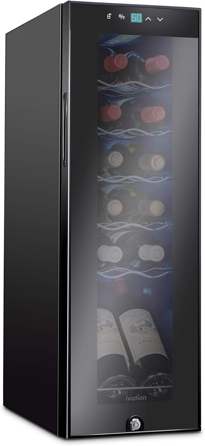 12 Bottle Compressor Wine Cooler Refrigerator with Lock – 41°F–64°F Digital Temperature Control, Freestanding Glass Door, Black