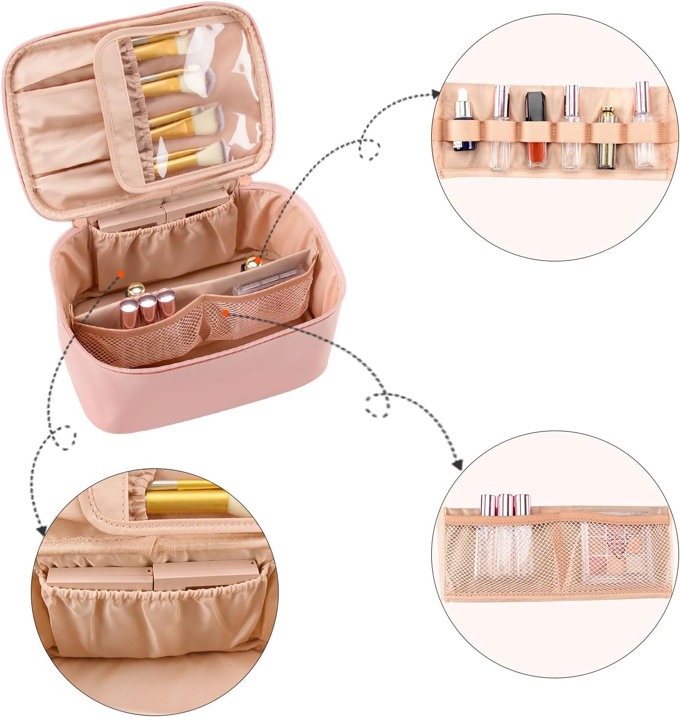 Travel Makeup Bag, Portable Cosmetic Bag with Makeup Brushes Organiser Large Capacity Toiletry Bags Holiday Essentials for Women, Pink