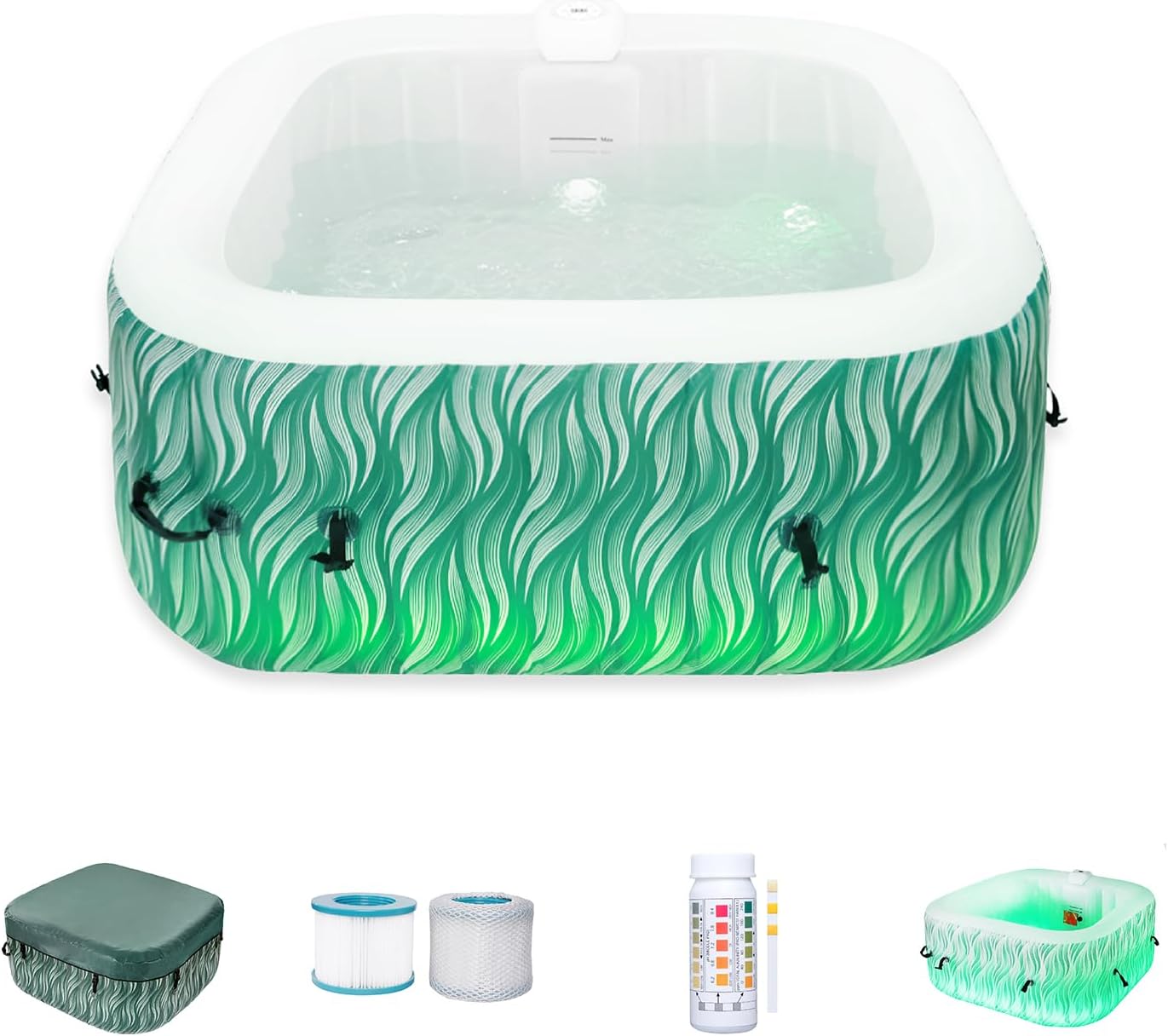 Portable Hot Tub 4 to 6 Person with LED Light, Inflatable Outdoor Spa, 130 Air Jets Built in Heater Pump, Blow Up Hottub for Relaxation, Green