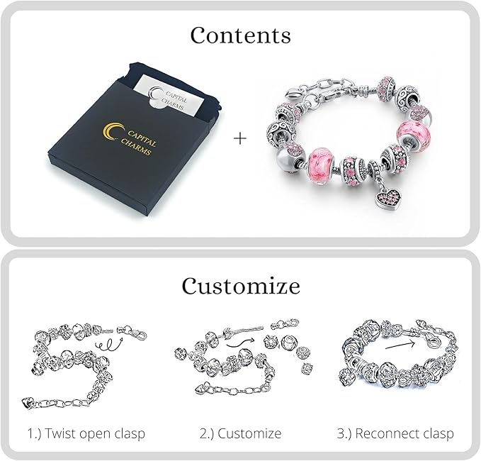 Capital Charms Pink Hearts Silver Plated Charm Bracelet Set