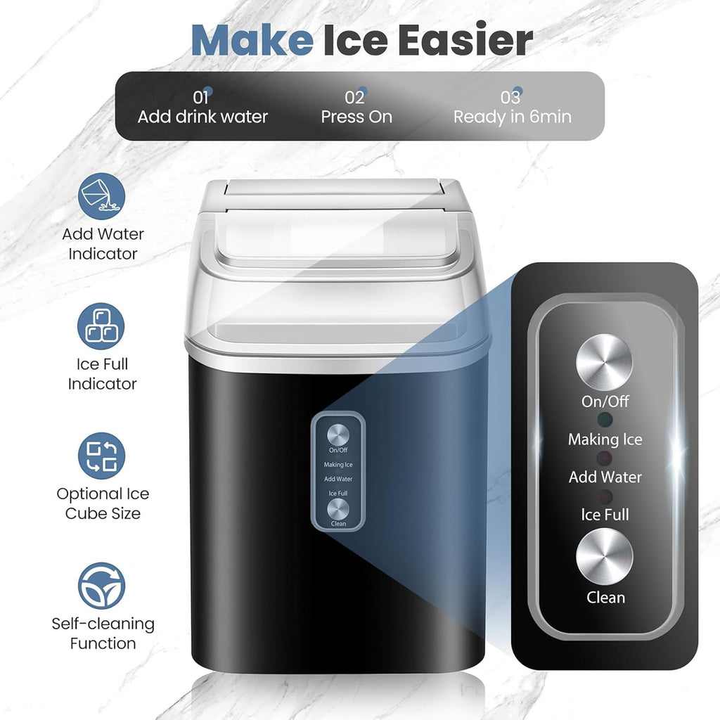 Portable Countertop Nugget Ice Maker – 1.55L Water Tank, Self-Cleaning Ice Machine, Black