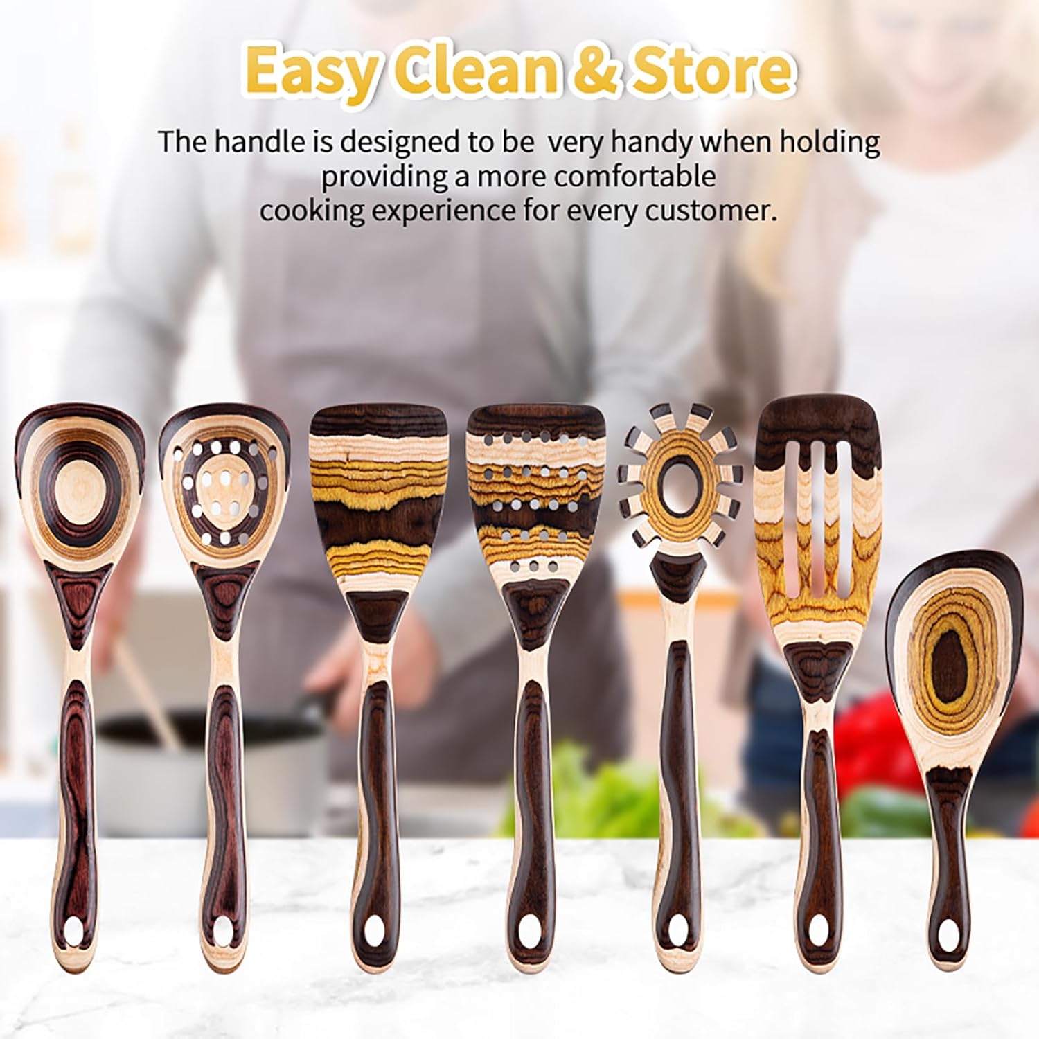 7-Piece Pakkawood Wooden Cooking Utensil Set – Brown Eco-Friendly Kitchen Spoons & Tools for Home Cooking