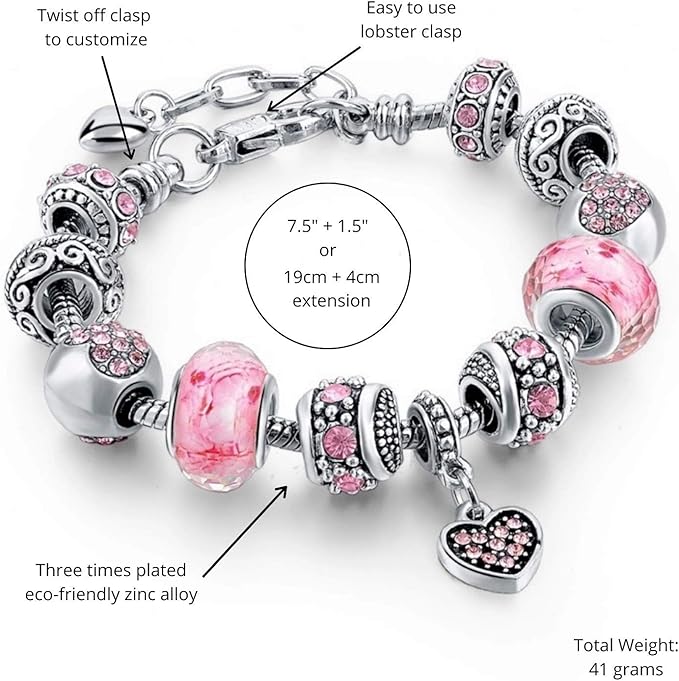 Capital Charms Pink Hearts Silver Plated Charm Bracelet Set