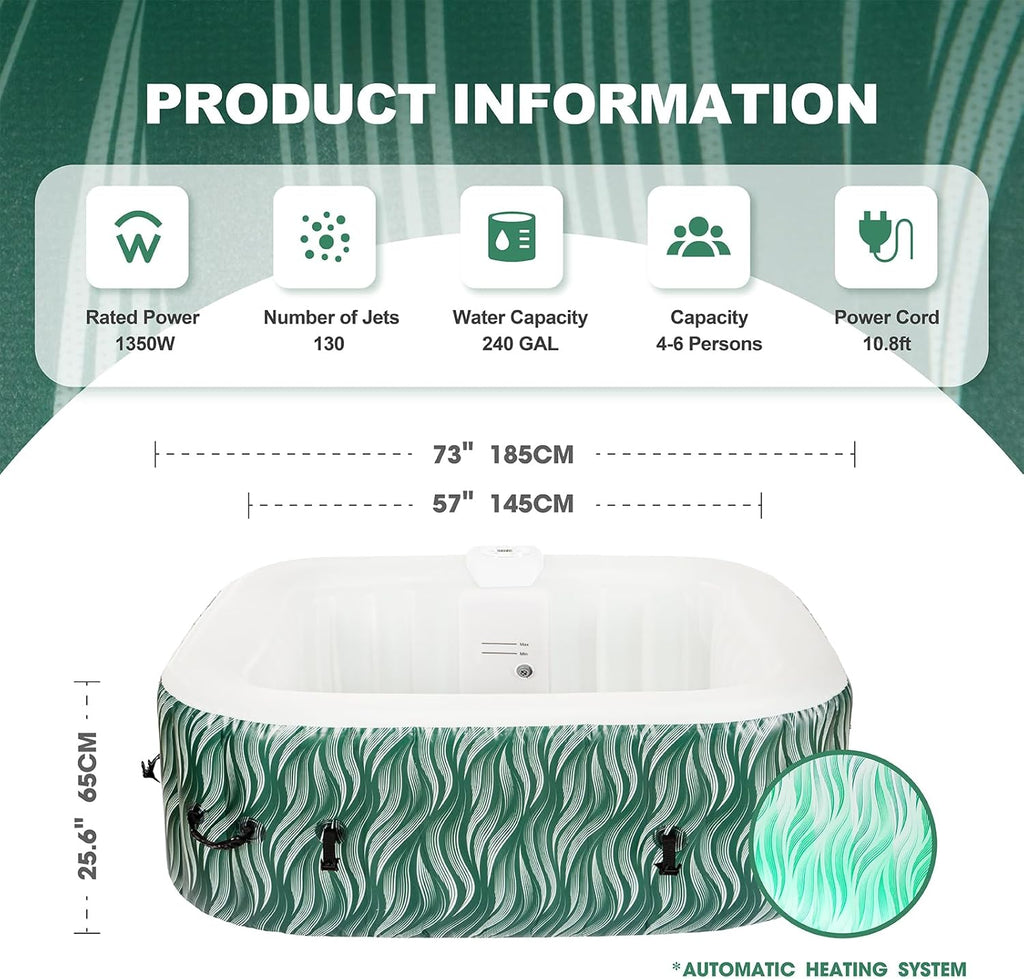Portable Hot Tub 4 to 6 Person with LED Light, Inflatable Outdoor Spa, 130 Air Jets Built in Heater Pump, Blow Up Hottub for Relaxation, Green