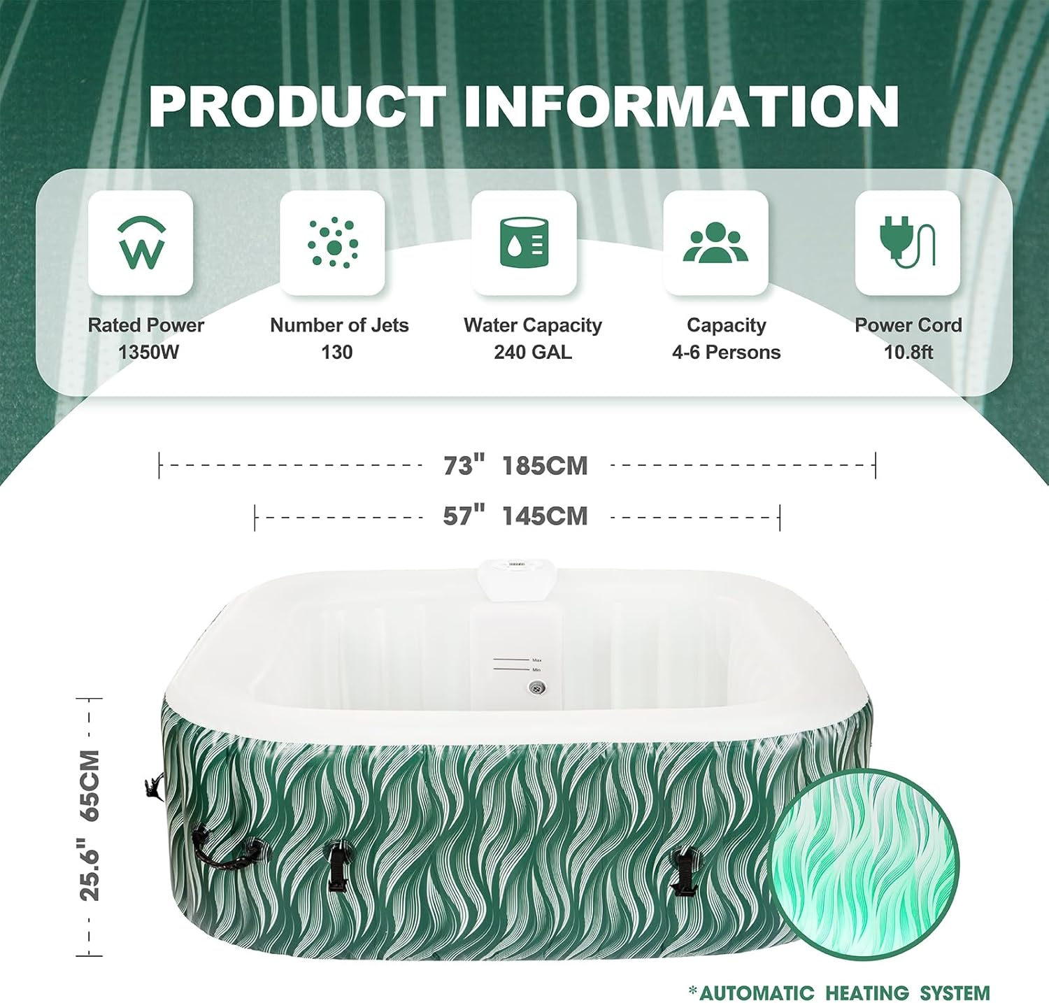 Portable Hot Tub 4 to 6 Person with LED Light, Inflatable Outdoor Spa, 130 Air Jets Built in Heater Pump, Blow Up Hottub for Relaxation, Green