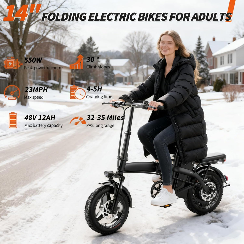 14" Folding Electric Bike for Adults – 500W Peak Motor, 23MPH, 35-Mile PAS Range, 48V 12Ah Removable Battery, UL 2849 Certified