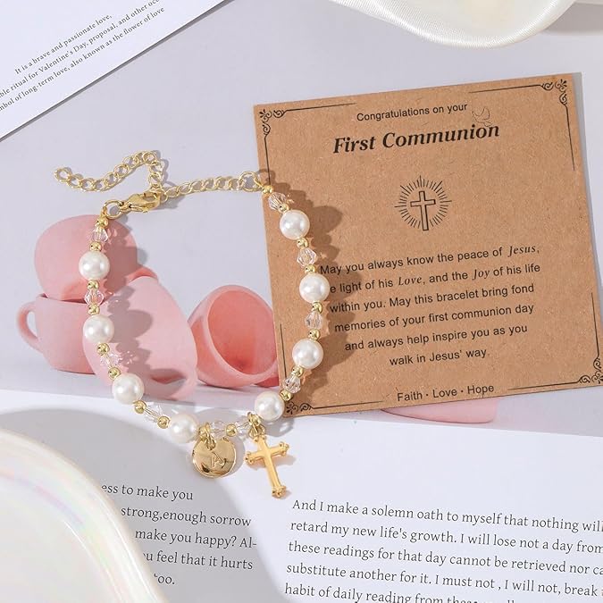 Rosary Pearl Cross Bracelet for Christian Catholic Goddaughter