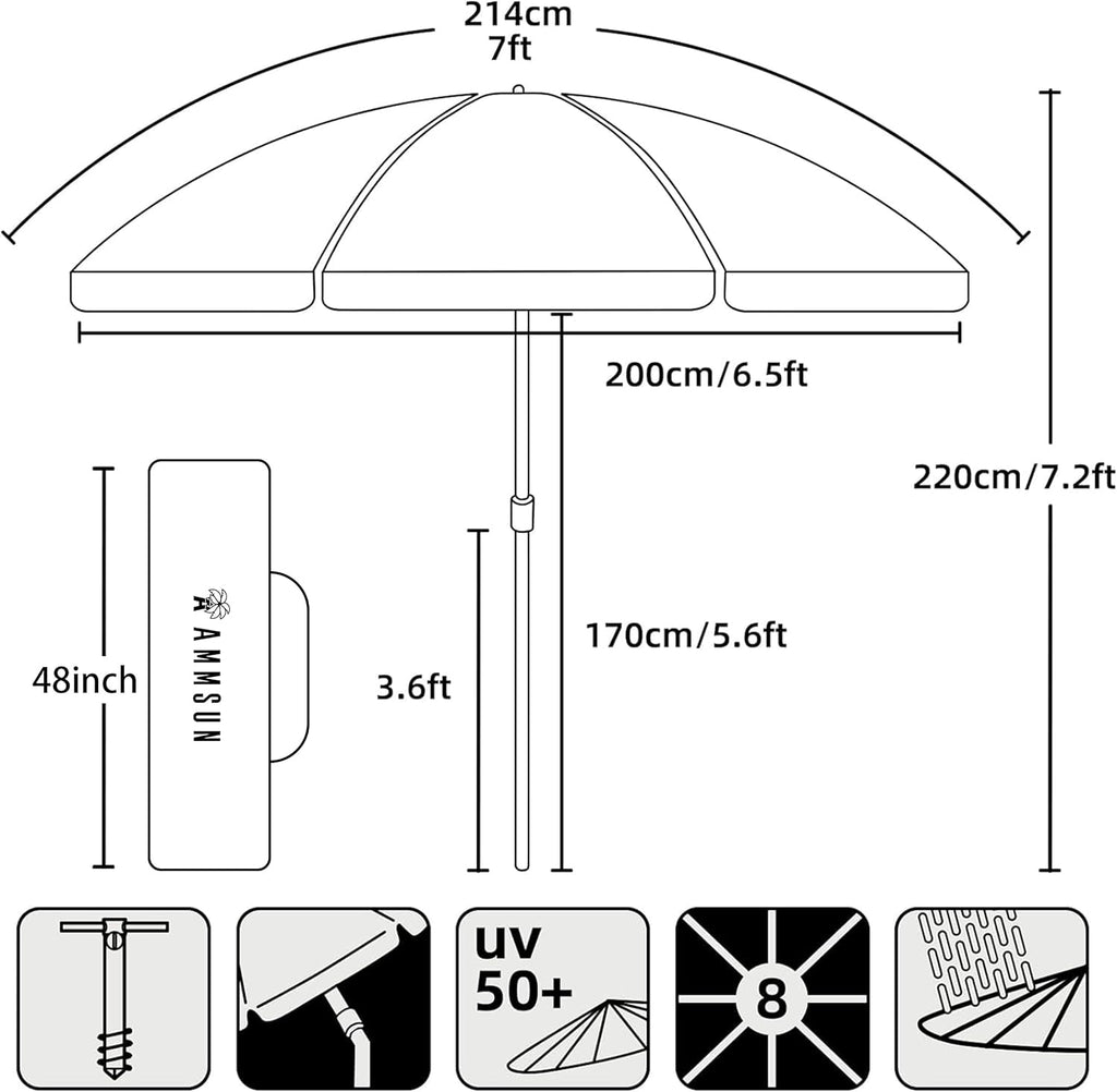 AMMSUN 7 ft Heavy-Duty Beach Umbrella – High Wind, Vent & Tilt, UV 50+ Sun Protection, Sand Anchor, Carry Bag, Outdoor Patio, Garden, Pool, Blue