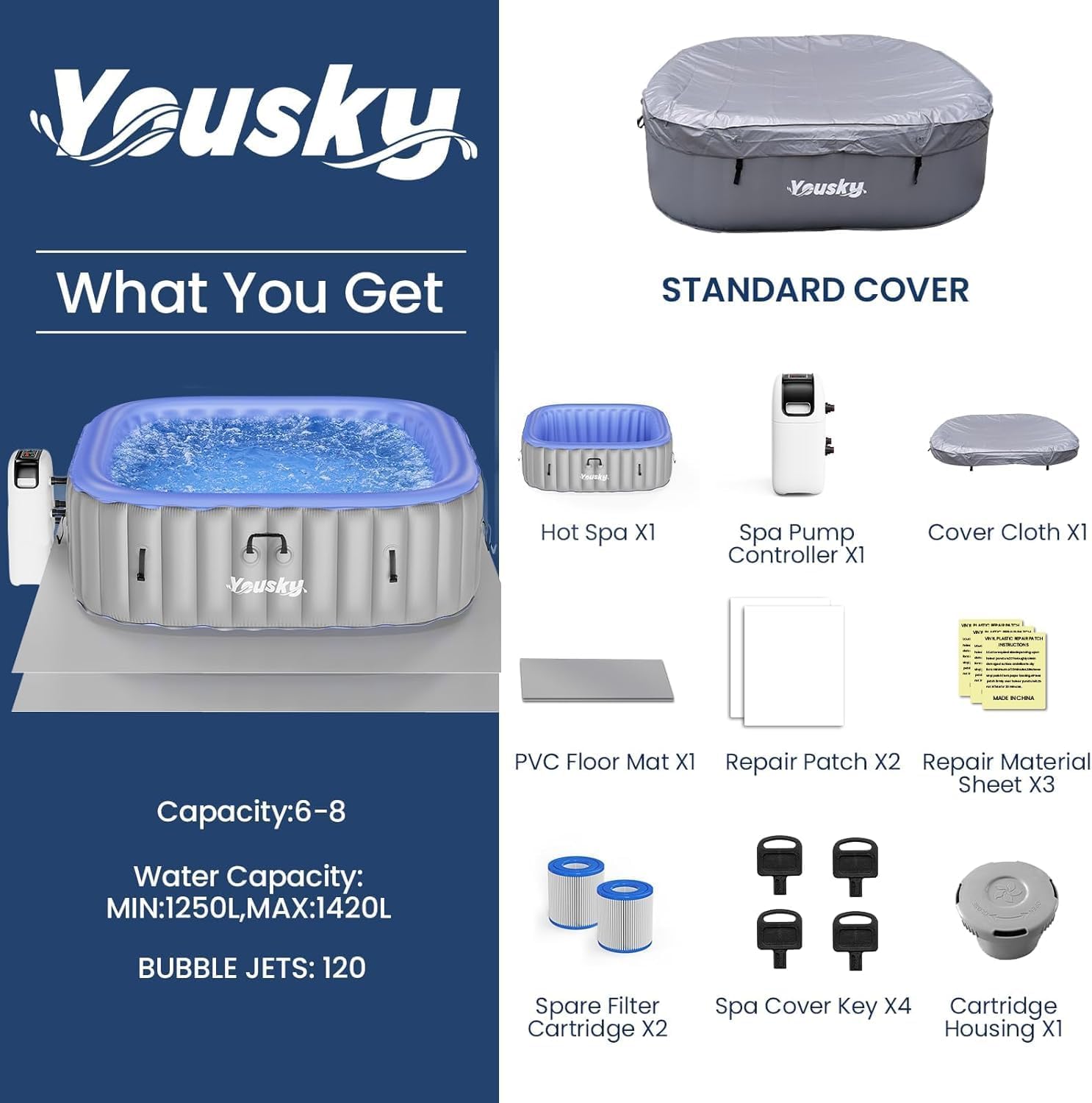 6–8 Person Inflatable Hot Tub – 120 Bubble Jets, 104℉ Heating & Filtration, Durable PVC, Includes Cover, 83"x83"x26", Indoor/Outdoor Use