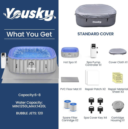 6–8 Person Inflatable Hot Tub – 120 Bubble Jets, 104℉ Heating & Filtration, Durable PVC, Includes Cover, 83"x83"x26", Indoor/Outdoor Use