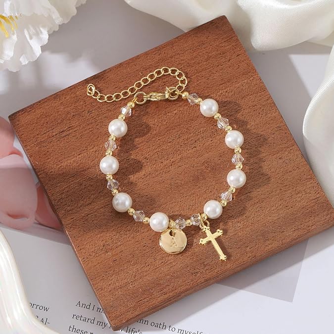 Rosary Pearl Cross Bracelet for Christian Catholic Goddaughter