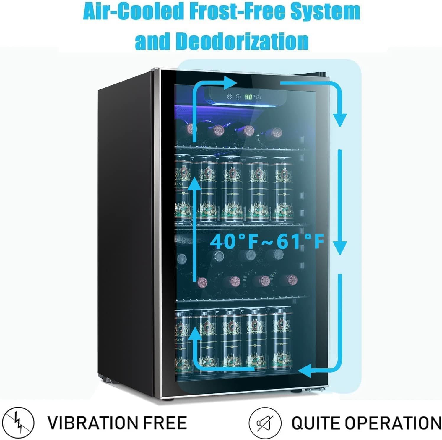 26 Bottle 130 Can Wine Cooler/Cabinet Beverage Refrigerator Mini Wine Cellar Beer Soda Clear Glass Door Bar Fridge Quiet Compressor Adjust Temp Freestanding Indoor Use 3.2cu.ft Black