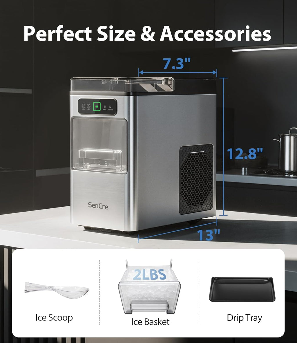 Countertop Nugget Ice Maker – 40 lbs/Day Pebble Ice Machine with One-Click Operation & Self-Cleaning, Scoop & Basket, Stainless Silver