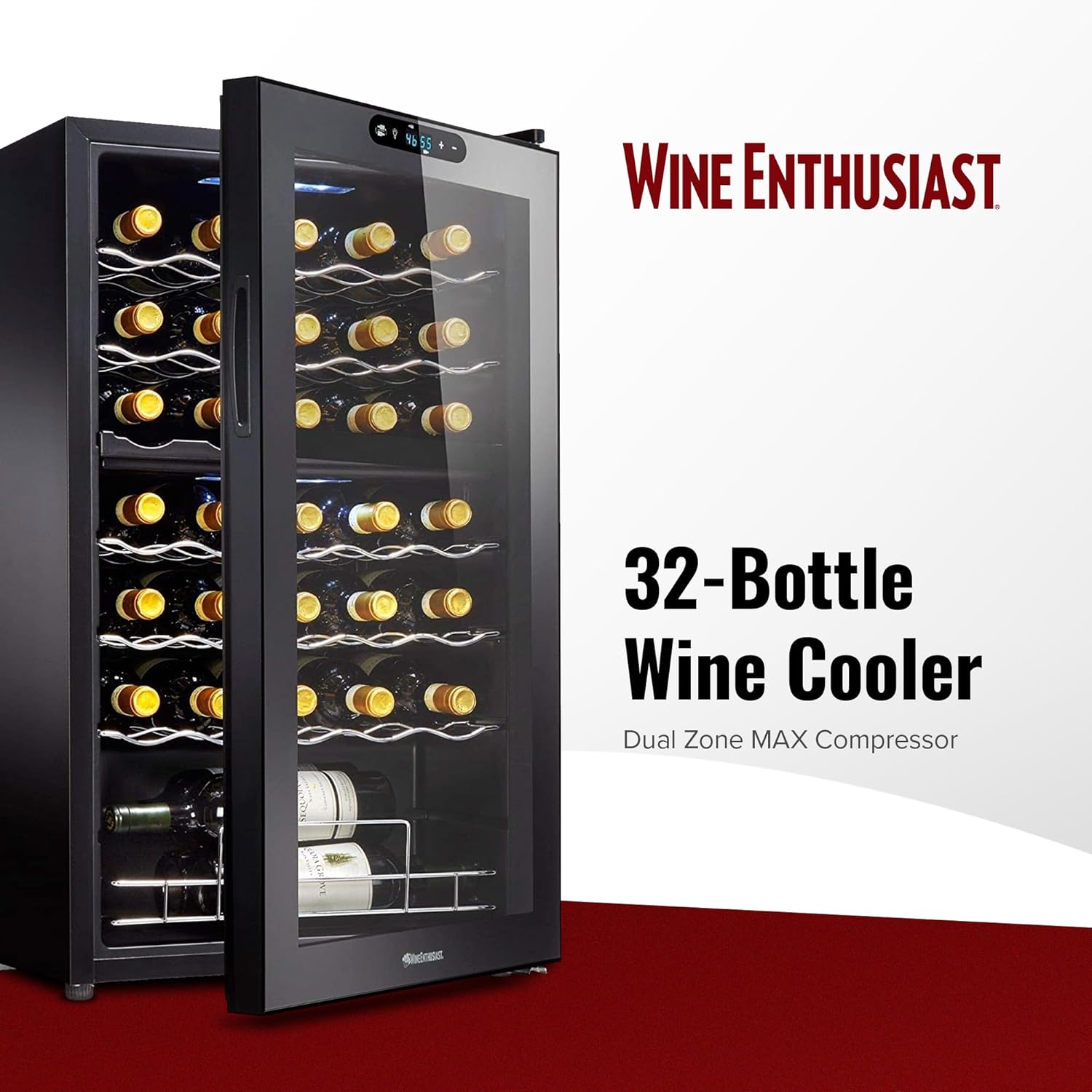 32 Bottle Dual Zone Compressor Wine Cooler – Freestanding Refrigerator with Digital Touchscreen & LED Display, Matte Black