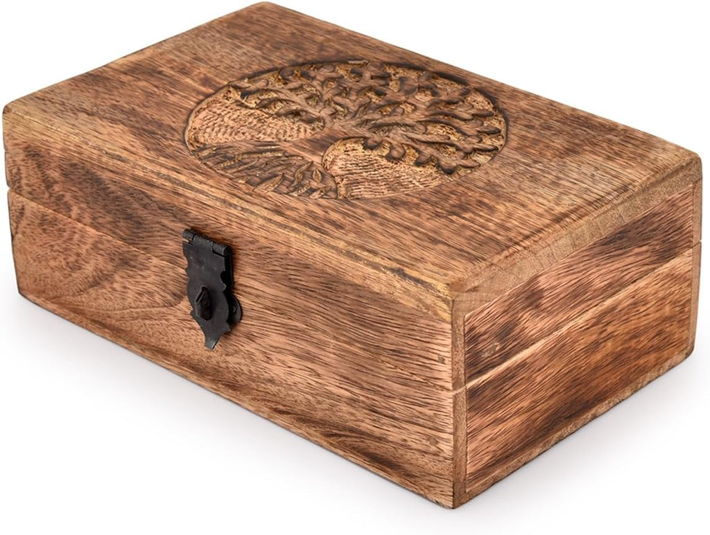 Handmade Mango Wood Tree of Life Engraved Keepsake Box – Wooden Jewellery Organizer with Flame Finish Gift for Men & Women
