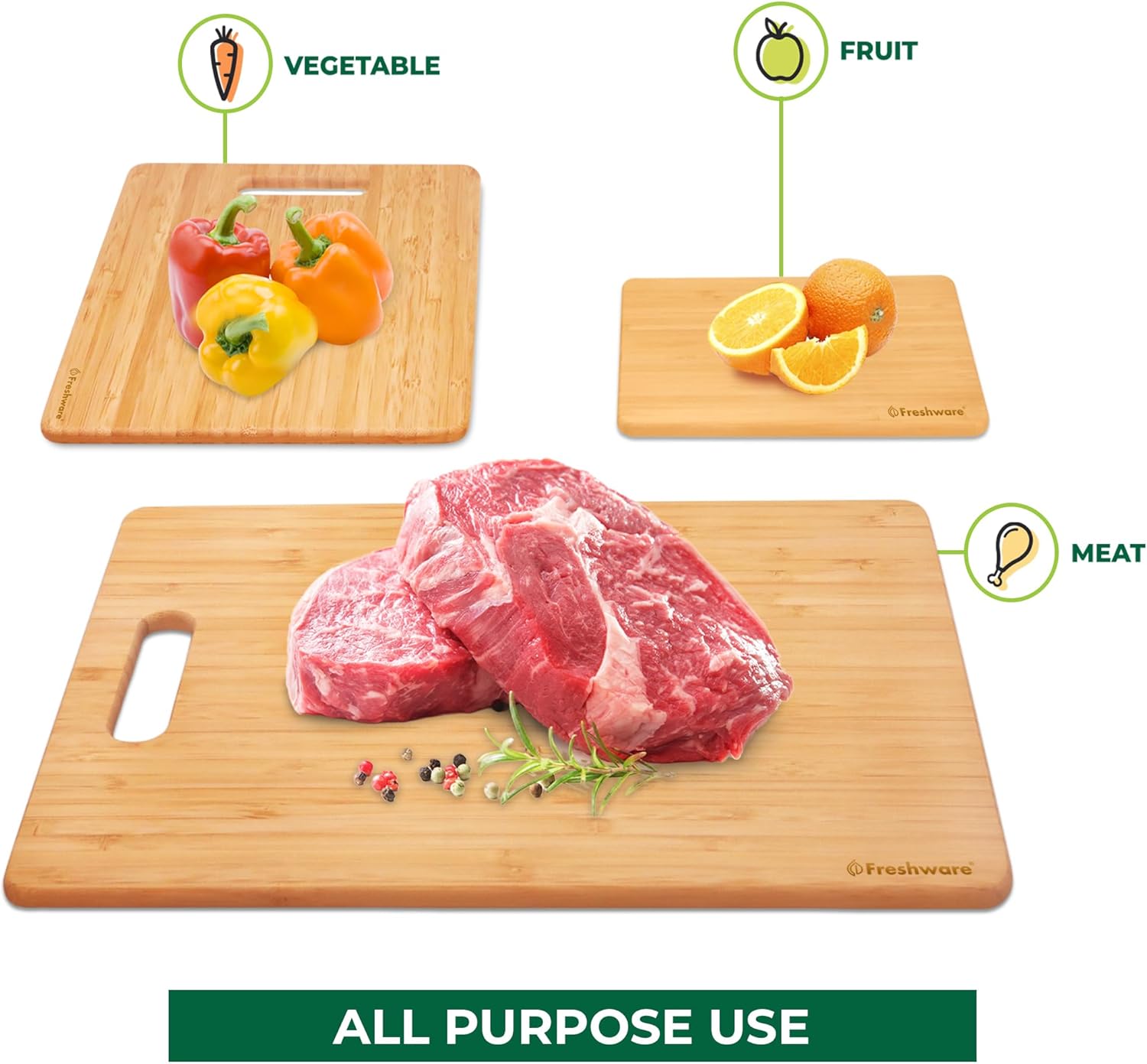 3-Piece Bamboo Cutting Board Set – Food-Grade Wooden Kitchen Chopping Boards, Knife-Friendly, Lightweight with Hanging Hole