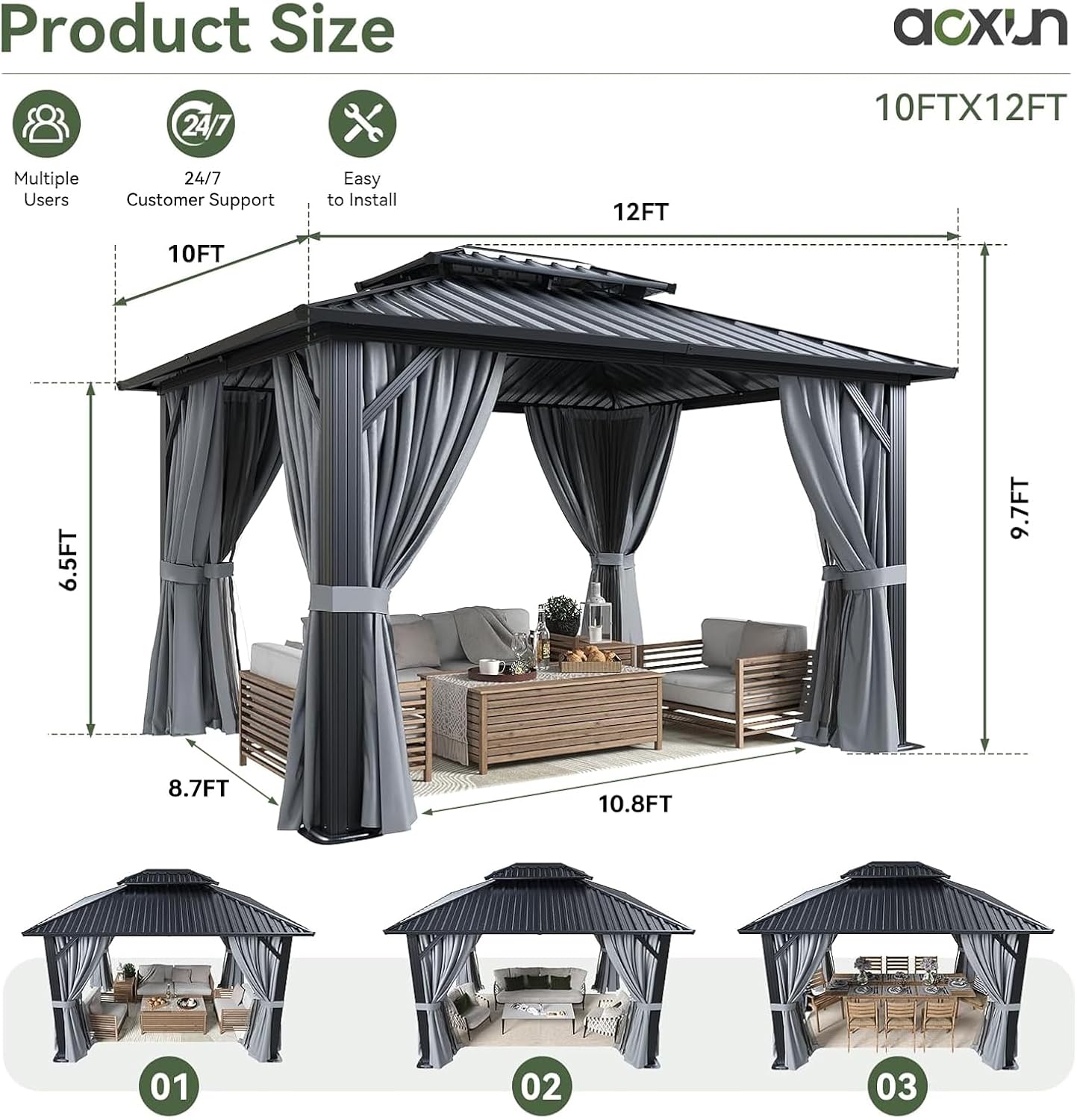 Hardtop Gazebo 10x12, Aluminum Frame Canopy with Double Galvanized Steel Roof, Outdoor Gazebo with Breathable Netting and Privacy Curtain for Backyard