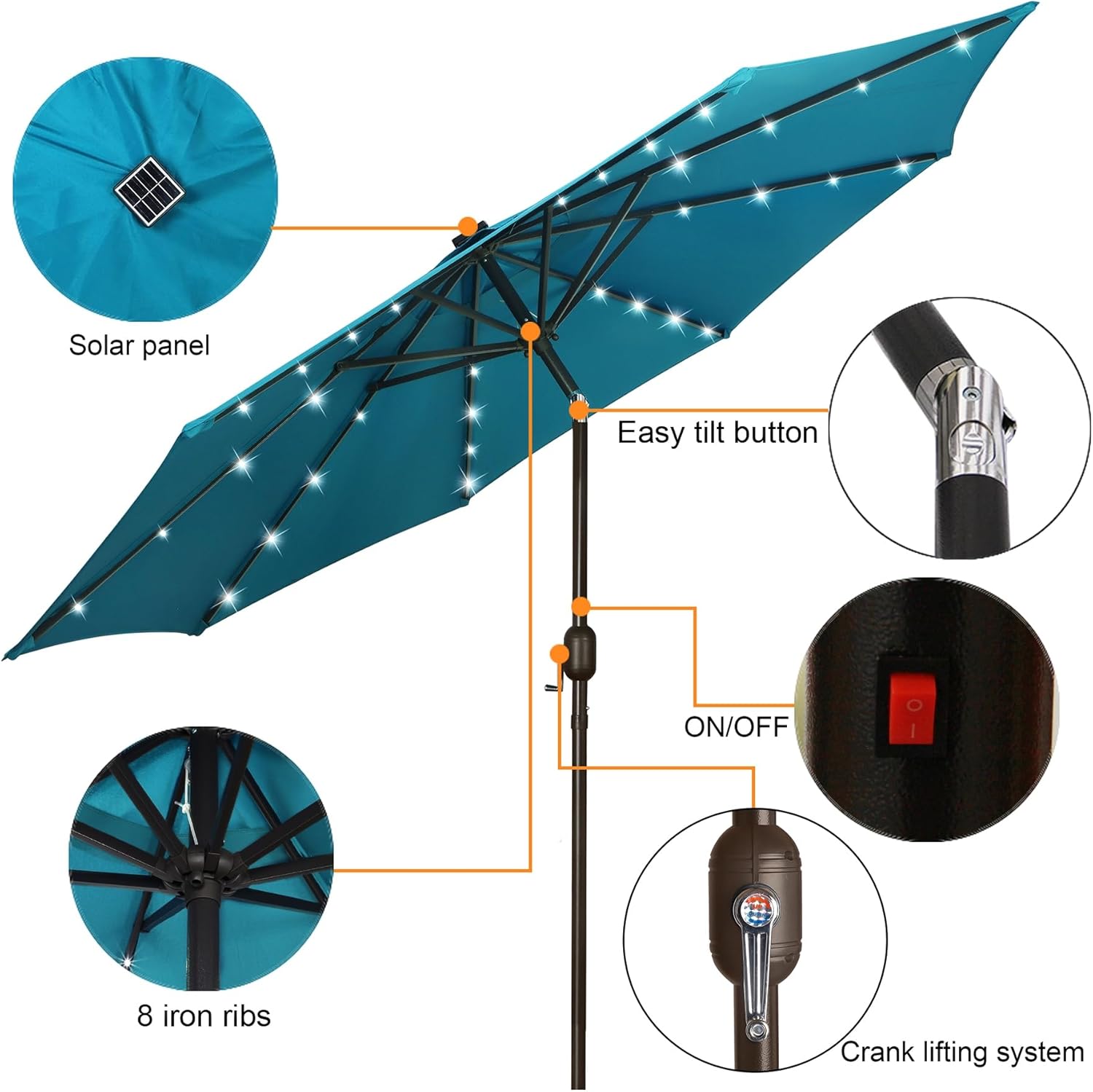 Blissun 9 ft Solar Patio Umbrella – 32 LED Lighted, Tilt & Crank, Outdoor Umbrella for Garden, Deck, Backyard, Pool & Beach, Cerulean