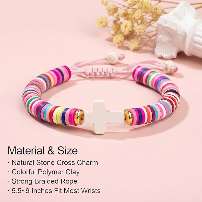 Colorful Cross Charm Bracelet for Girls Handmade Beaded Religious Rope Bracelet Adjustable Faith Jewelry Gift
