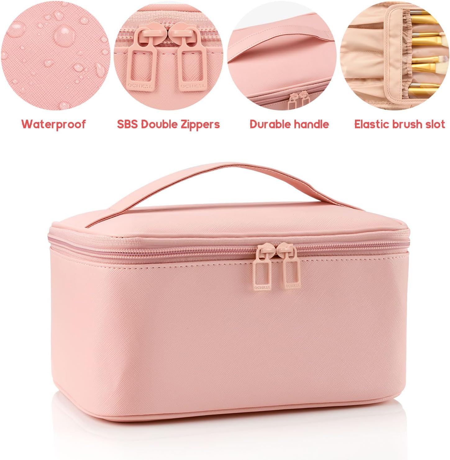Travel Makeup Bag, Portable Cosmetic Bag with Makeup Brushes Organiser Large Capacity Toiletry Bags Holiday Essentials for Women, Pink