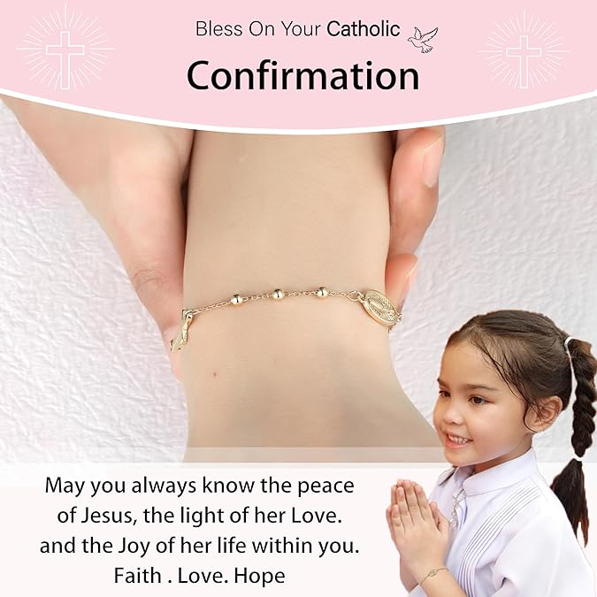 Catholic Rosary Bracelet for Girls Teens Virgin Mary Medal Cross Charm Link Chain Adjustable Bracelet