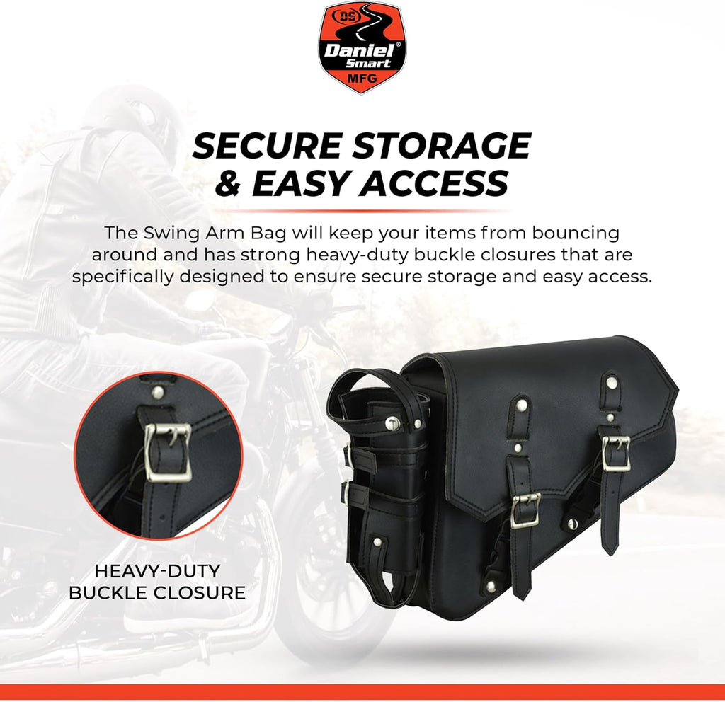 Black Leather Motorcycle Swingarm Bag with Bottle Holder & Utility Holster – Universal Fit