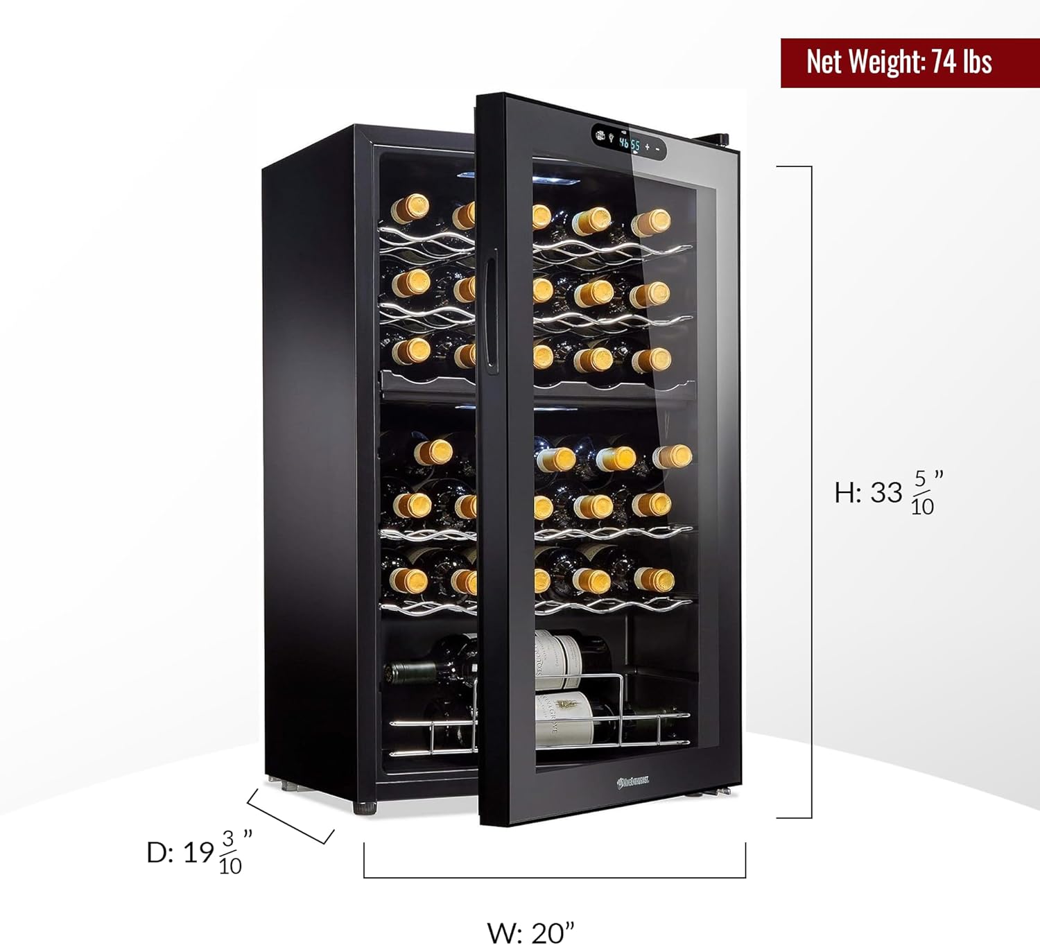 32 Bottle Dual Zone Compressor Wine Cooler – Freestanding Refrigerator with Digital Touchscreen & LED Display, Matte Black