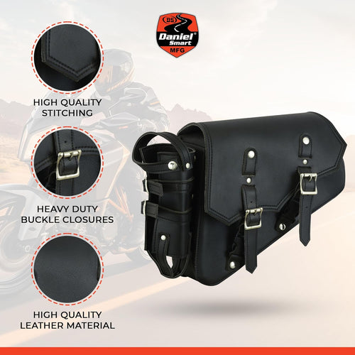 Black Leather Motorcycle Swingarm Bag with Bottle Holder & Utility Holster – Universal Fit