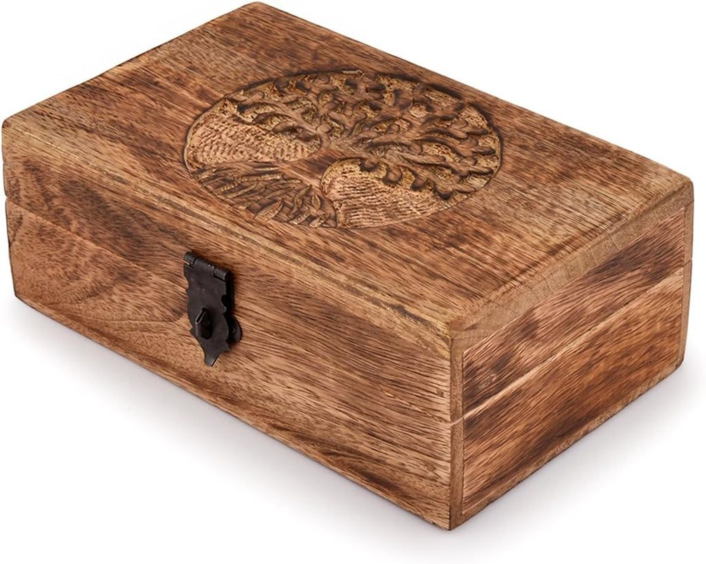 Handmade Mango Wood Tree of Life Engraved Keepsake Box – Wooden Jewellery Organizer with Flame Finish Gift for Men & Women