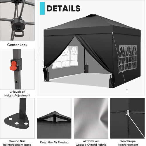 12x12 Pop Up Canopy Tent with 4 Sidewalls, Easy Set up with One Push Lift Gazebo with Wheel Bag and4 Sandbags,Carpas for Events, Parties,Camping, Black.
