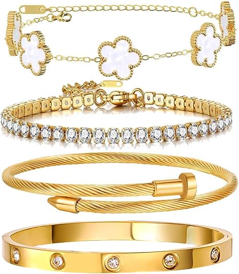 18K Gold Plated Women Tennis Bracelets Clover Nail Love Bangle Bracelet Set